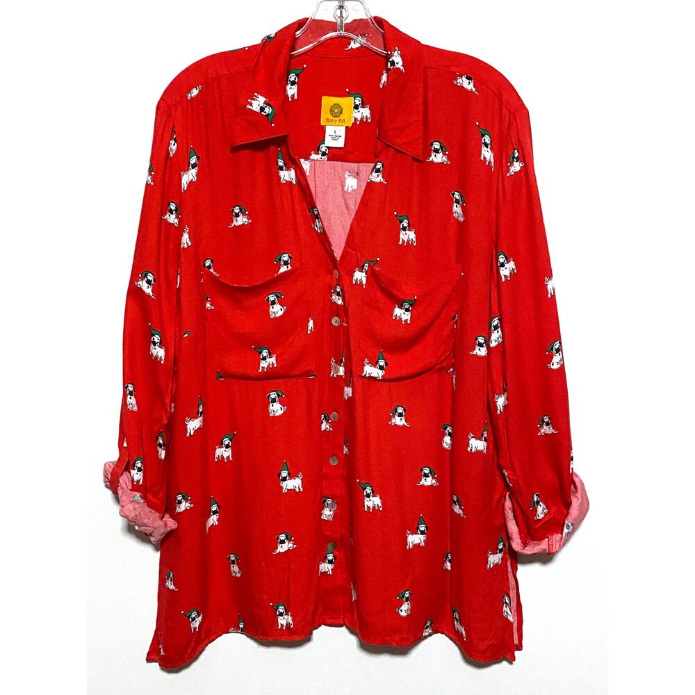 Ruby Rose Red Christmas Santa Pug Dog Button Down Blouse Shirt Top Women L Rayon